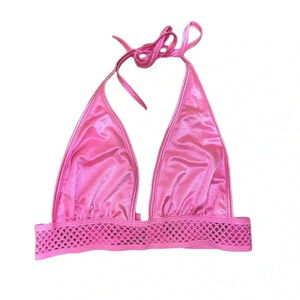 Iheartrave Pink Festival Crop Halter Top, Small Adjustable Rave Y2K Mesh